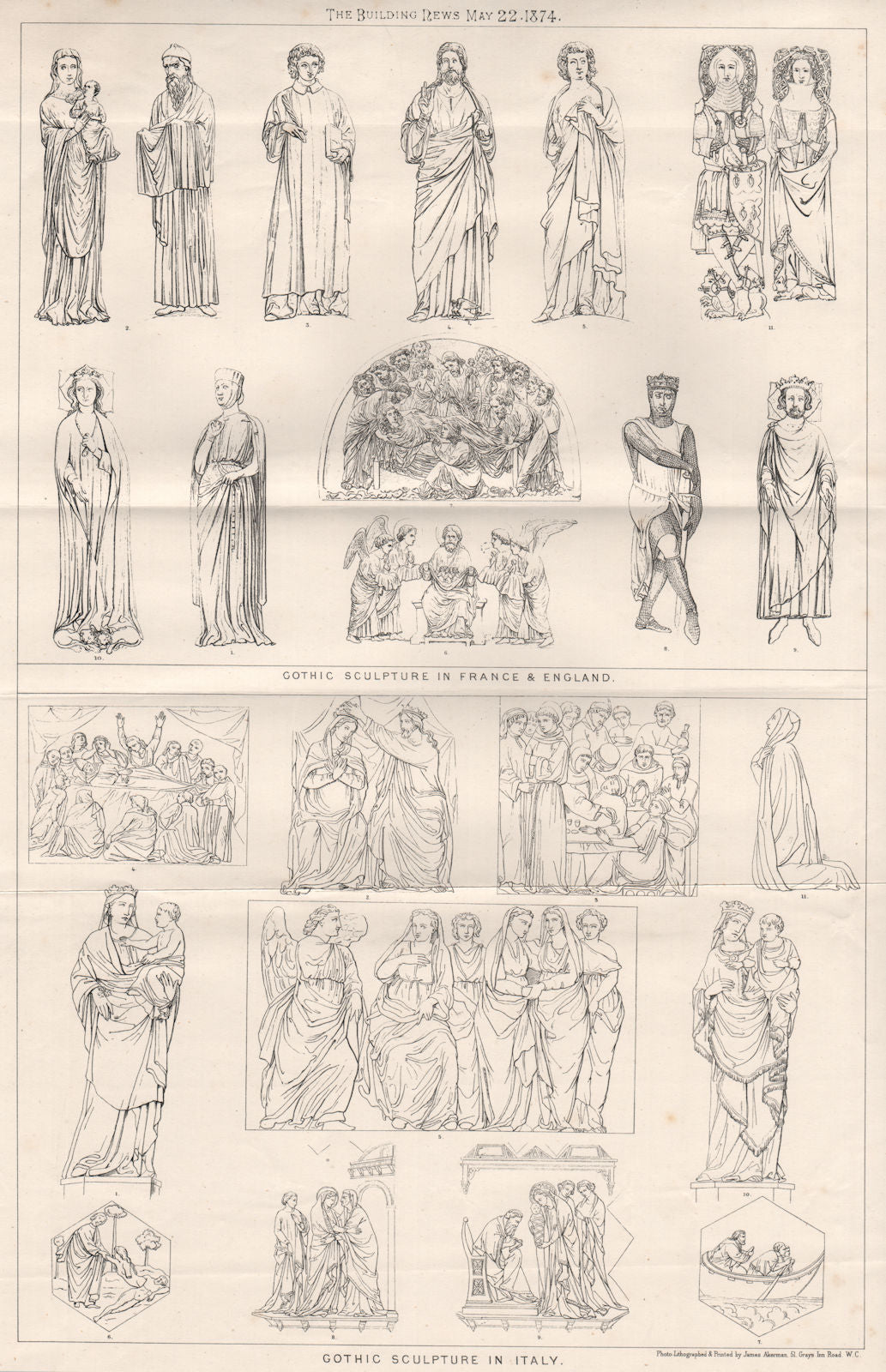 Gothic sculpture in France & England; Gothic sculpture in Italy 1874 old print